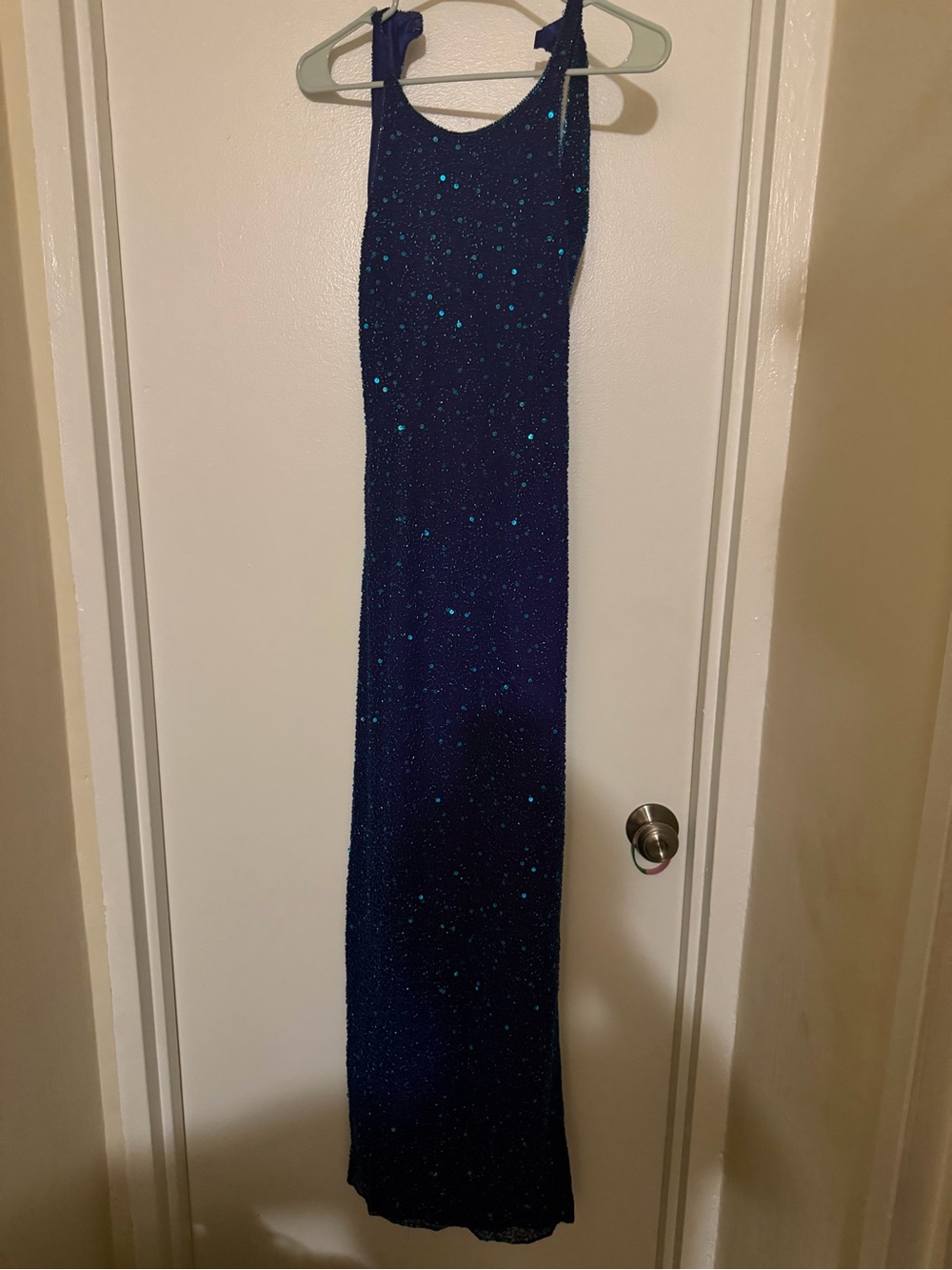 Scala Navy Blue Sequin Evening Gown with Teal Accents